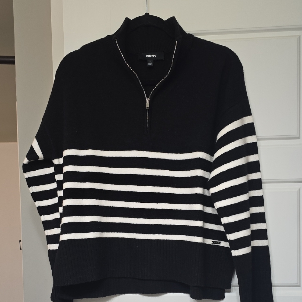 DKNY Black and White Striped Pullover
